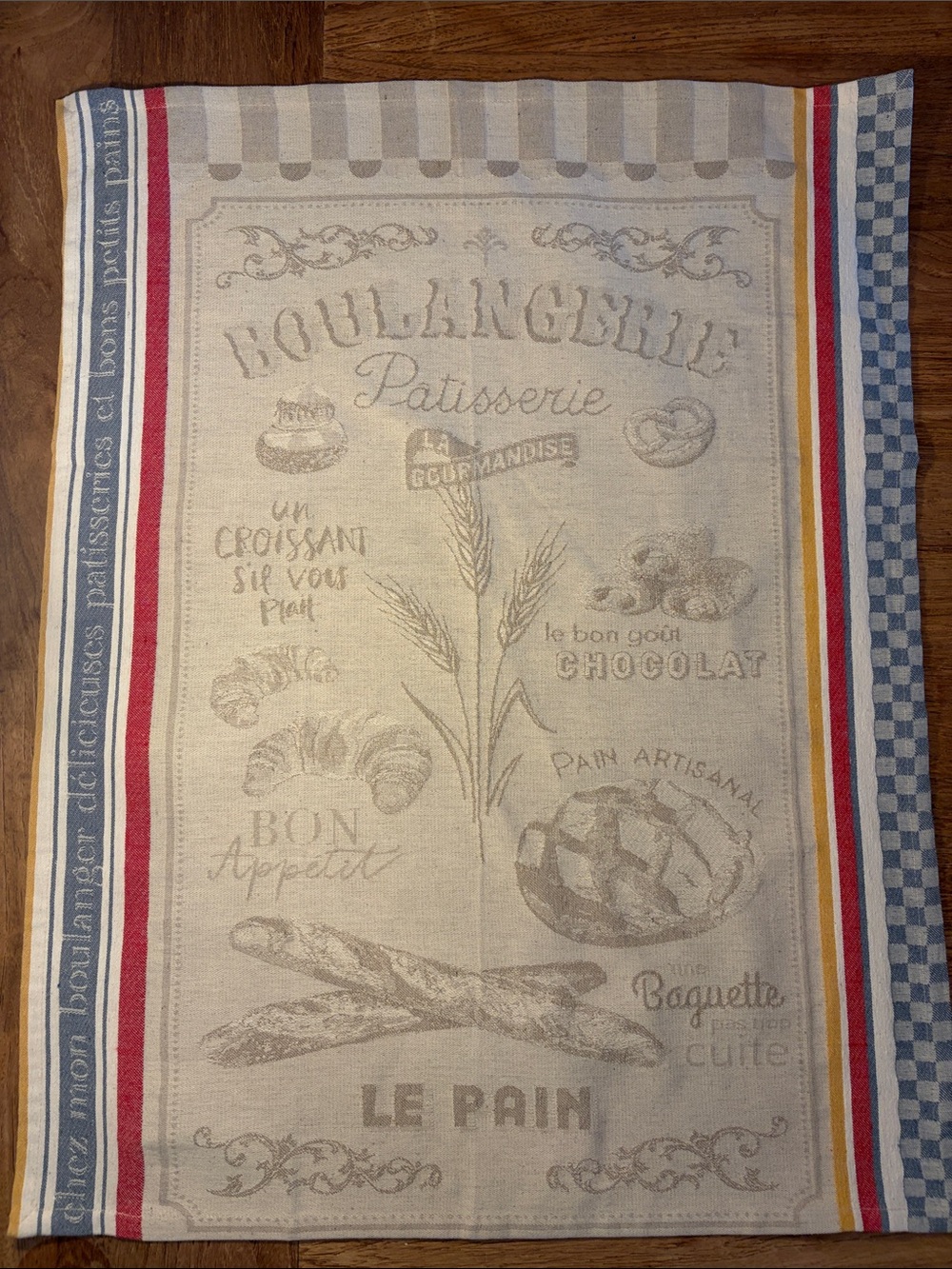 French Bakery Print Kitchen Tea Towel - Cream with Red, Blue & Yellow Stripes